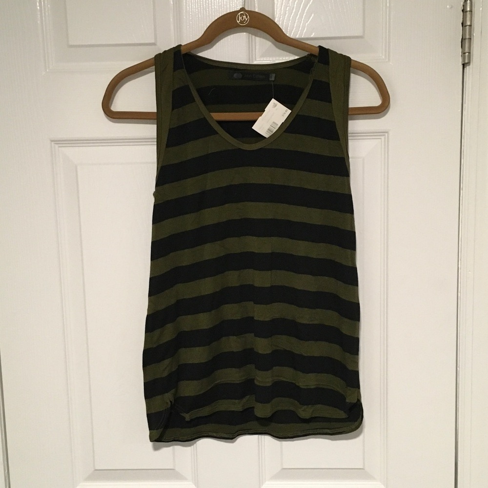 John Eshaya Army/Black Striped Tank Top, M/L 60% Polyester 32% Rayon 8% Spandex